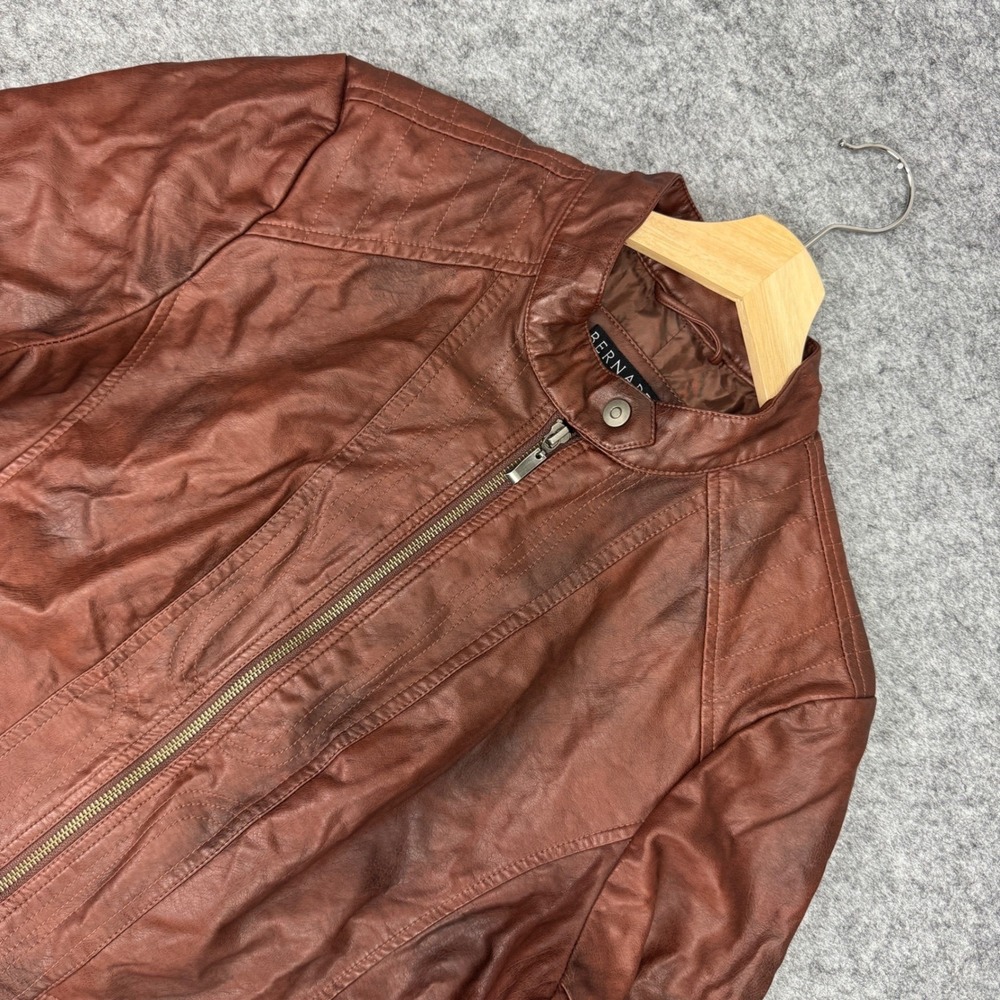 Bernardo Womens XL Brown Faux Leather‎ Moto Biker Jacket F0587 Cognac Zip Up